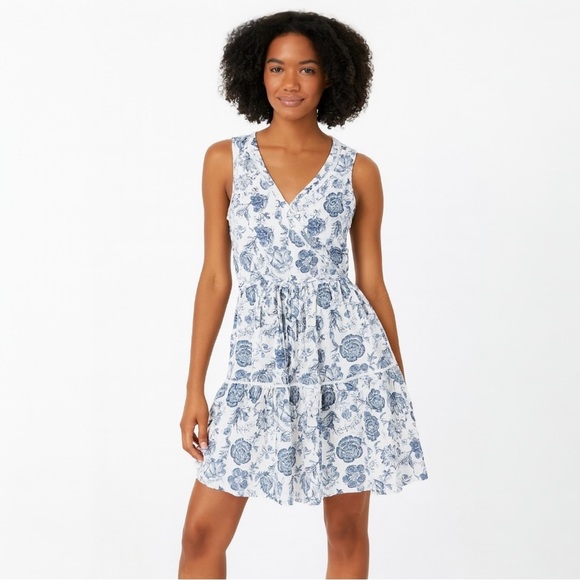 NWOT Lucky Brand Blue White Floral Paisley Faux Wrap Mini Sundress - Size 12 - Picture 13 of 13